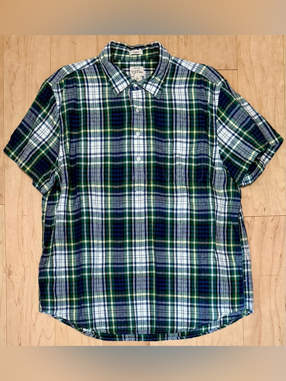 J. Crew 100% Irish Linen S/S Popover Shirt Classic Green Blue Plaid Men’s Large